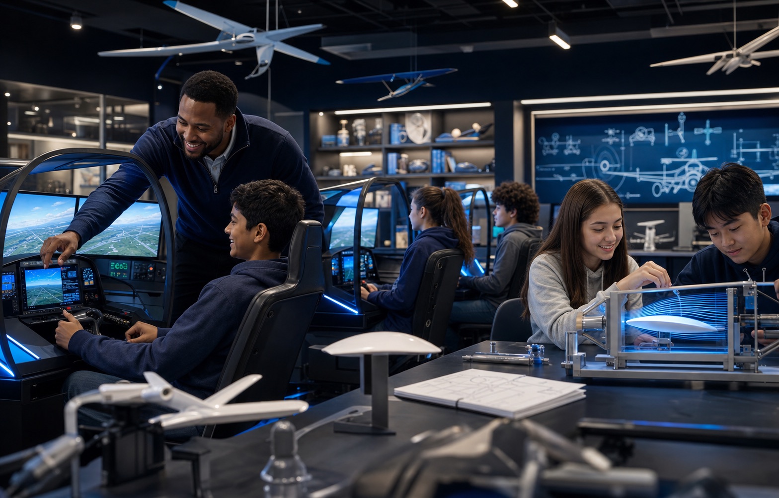 Students learning with flight simulators and aerodynamics experiments in an aviation laboratory