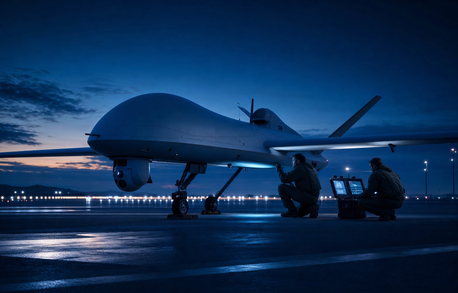 Tactical unmanned aerial vehicle undergoing ground checks at blue hour
