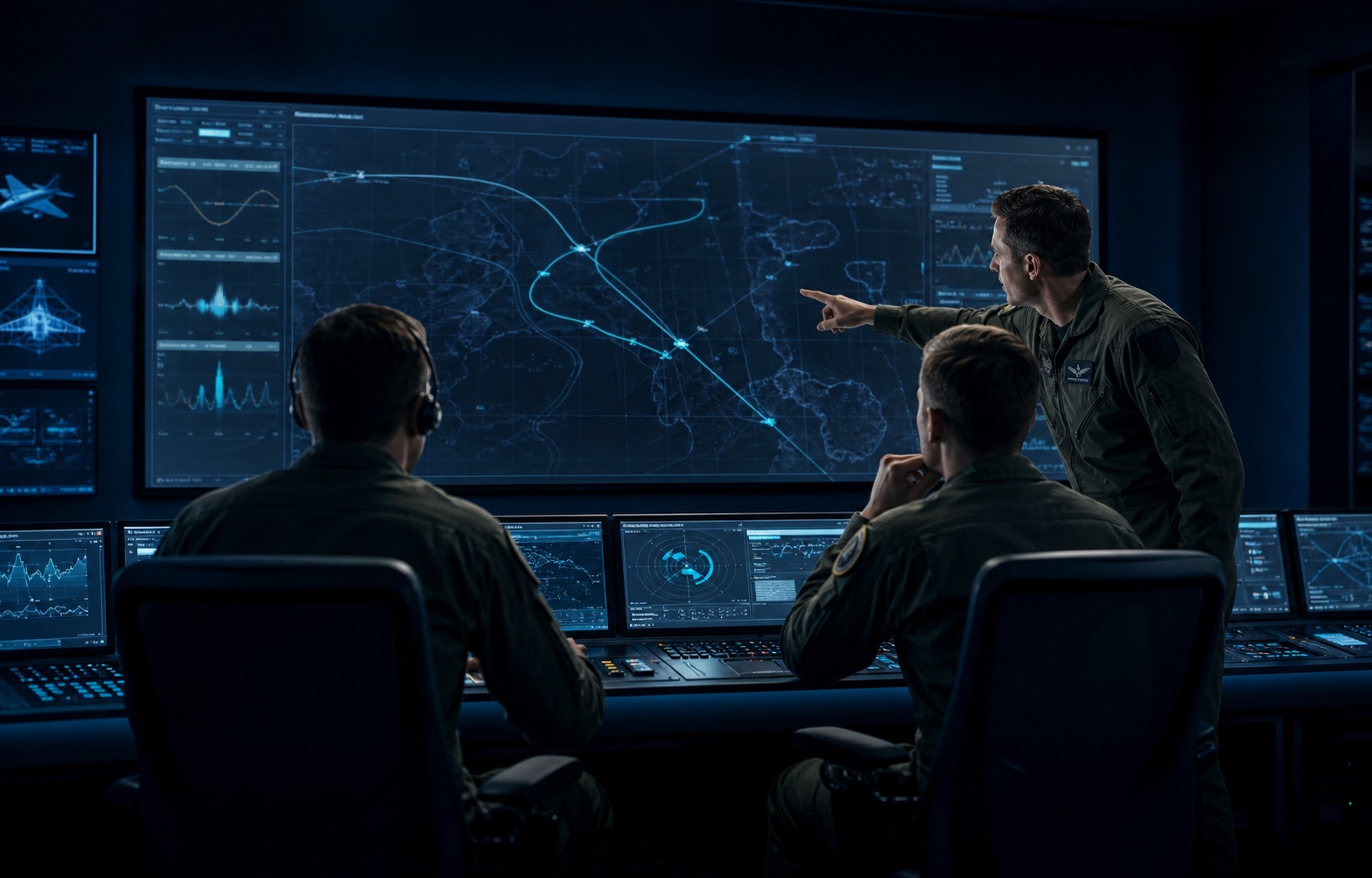 Aircrew reviewing mission telemetry in a flight debriefing room