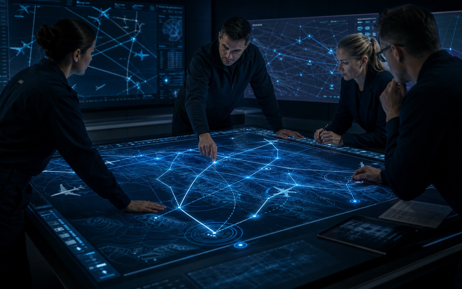 Aviation specialists collaborating around a digital mission planning table