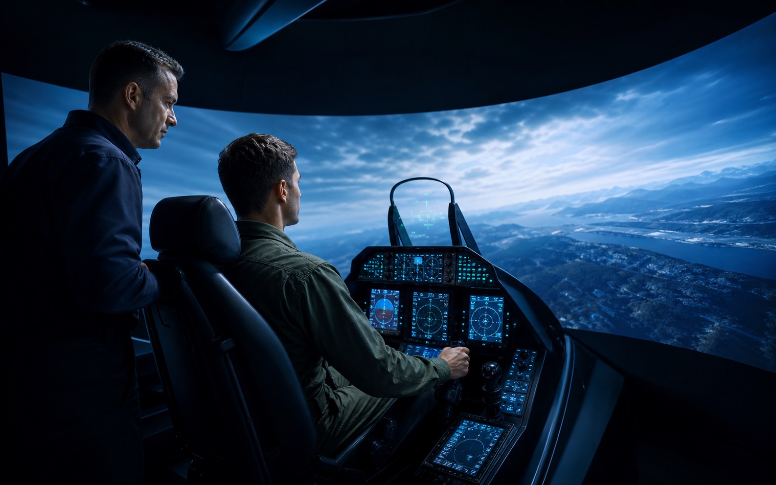 Pilot and instructor inside an advanced flight simulator
